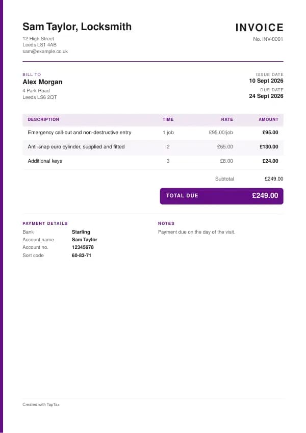 A filled-in example of the locksmith invoice template