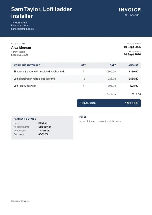 A filled-in example of the loft ladder installer invoice template