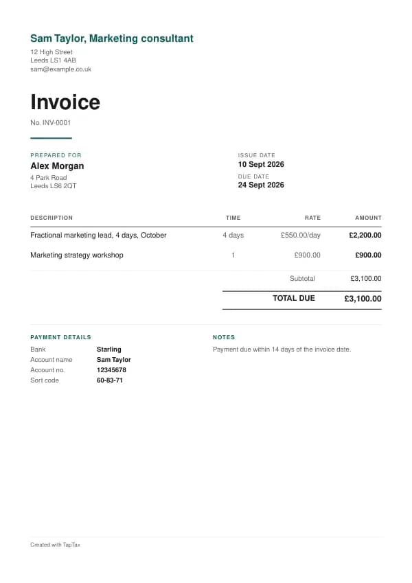 A filled-in example of the marketing consultant invoice template