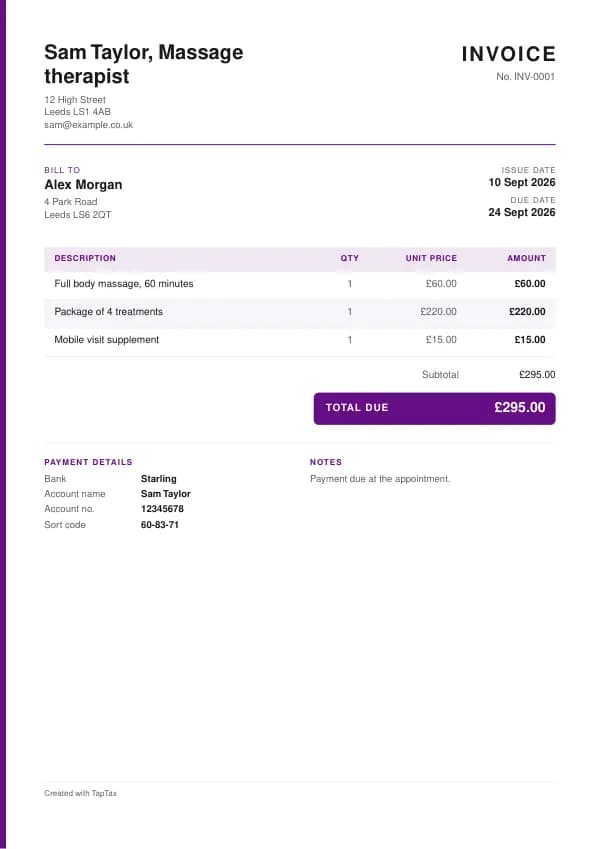 A filled-in example of the massage therapist invoice template
