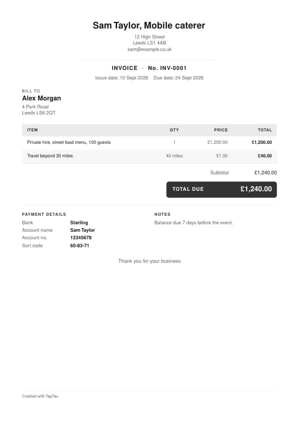 A filled-in example of the mobile caterer invoice template