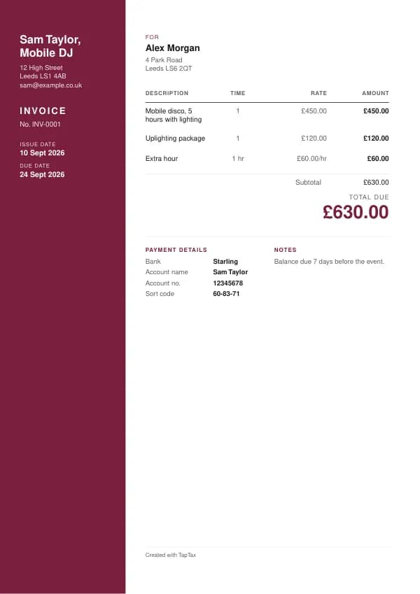 A filled-in example of the mobile DJ invoice template