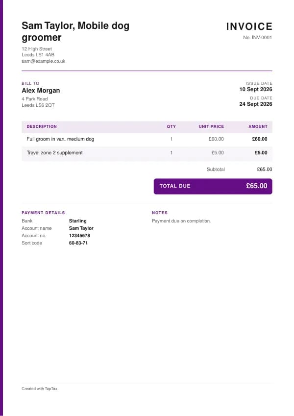 A filled-in example of the mobile dog groomer invoice template