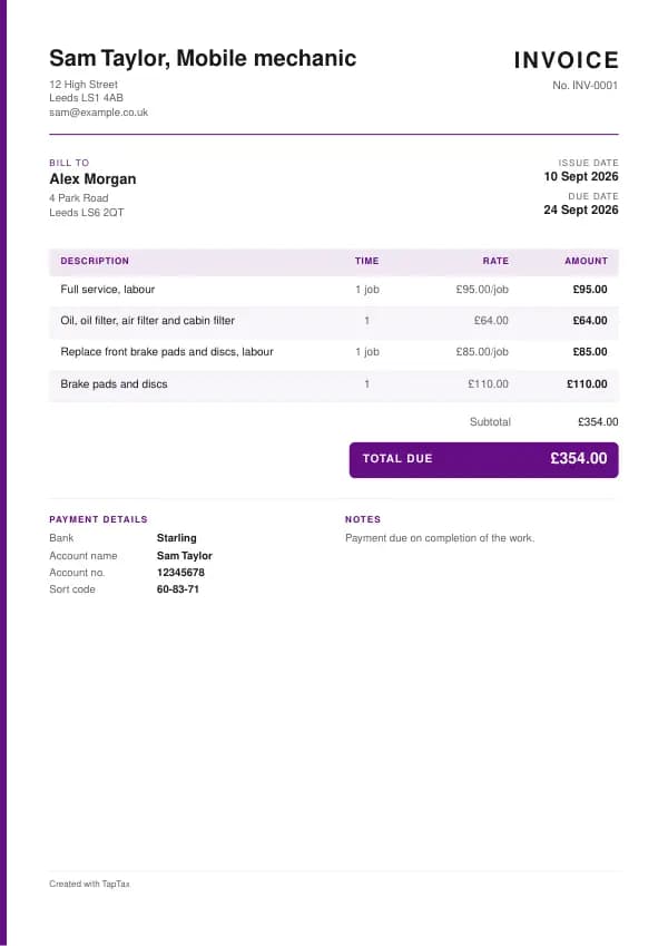 A filled-in example of the mobile mechanic invoice template