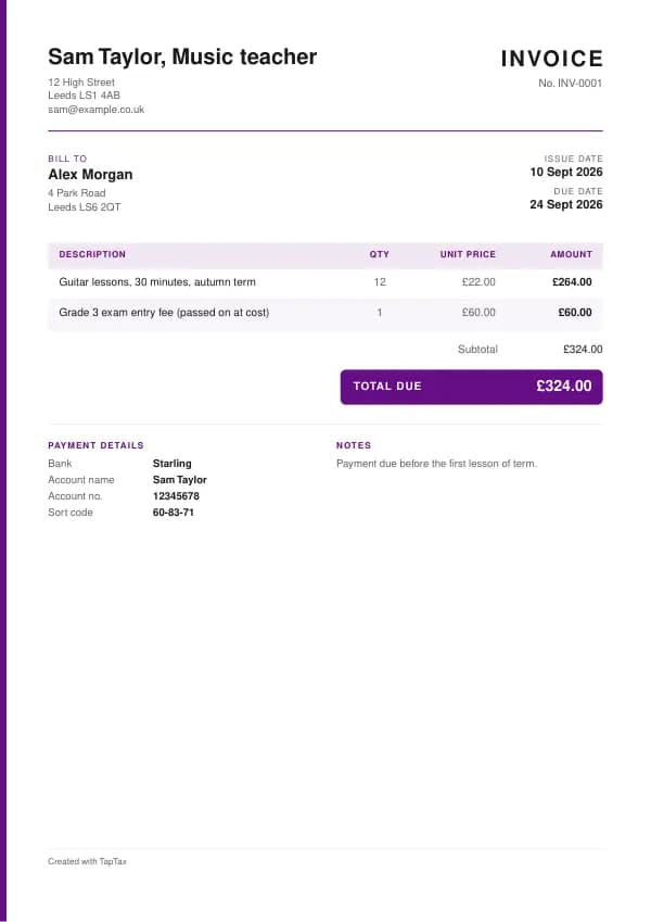 A filled-in example of the music teacher invoice template