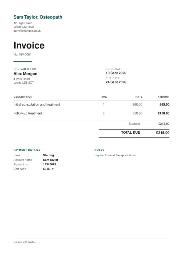 A filled-in example of the osteopath invoice template