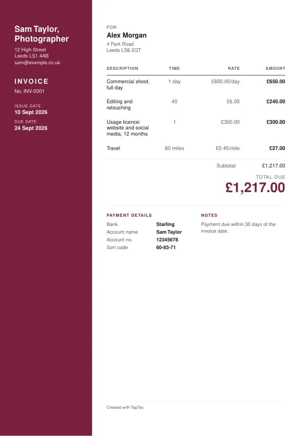 A filled-in example of the photographer invoice template