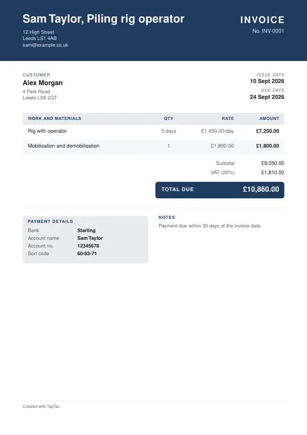 A filled-in example of the piling rig operator invoice template