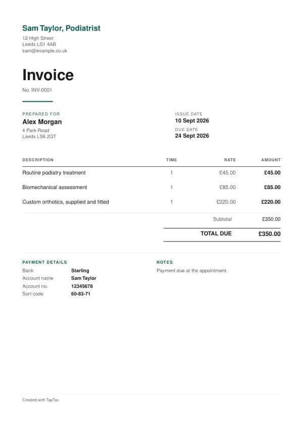 A filled-in example of the podiatrist invoice template