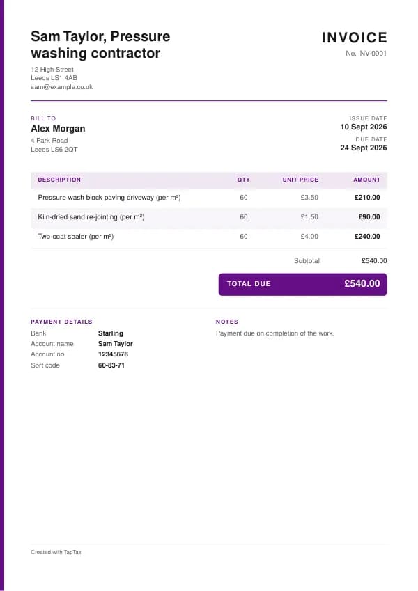 A filled-in example of the pressure washing contractor invoice template