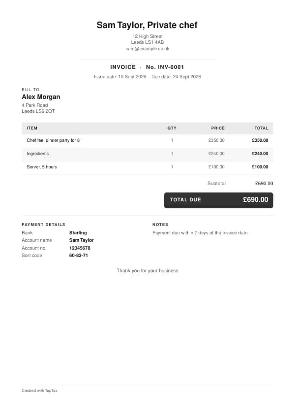 A filled-in example of the private chef invoice template