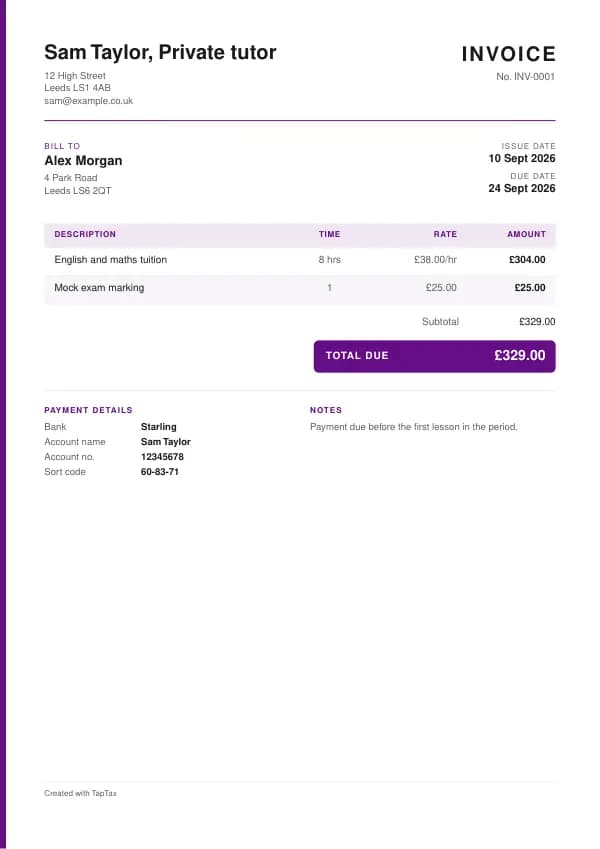 A filled-in example of the private tutor invoice template