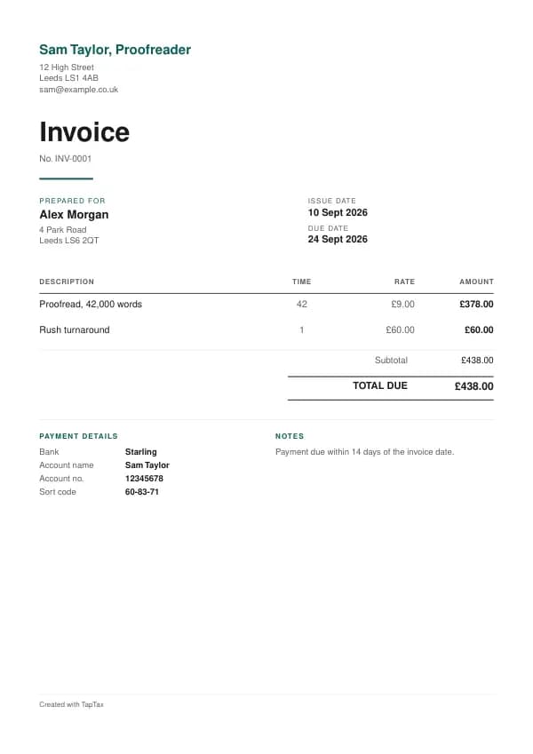 A filled-in example of the proofreader invoice template