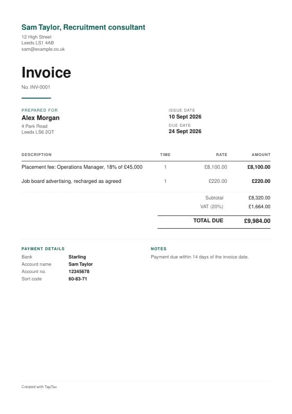 A filled-in example of the recruitment consultant invoice template