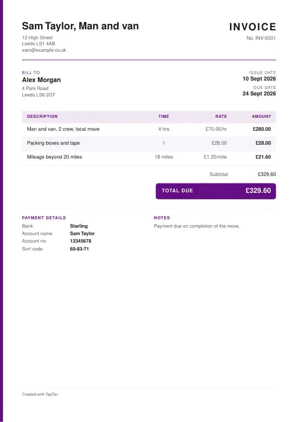 A filled-in example of the man and van invoice template