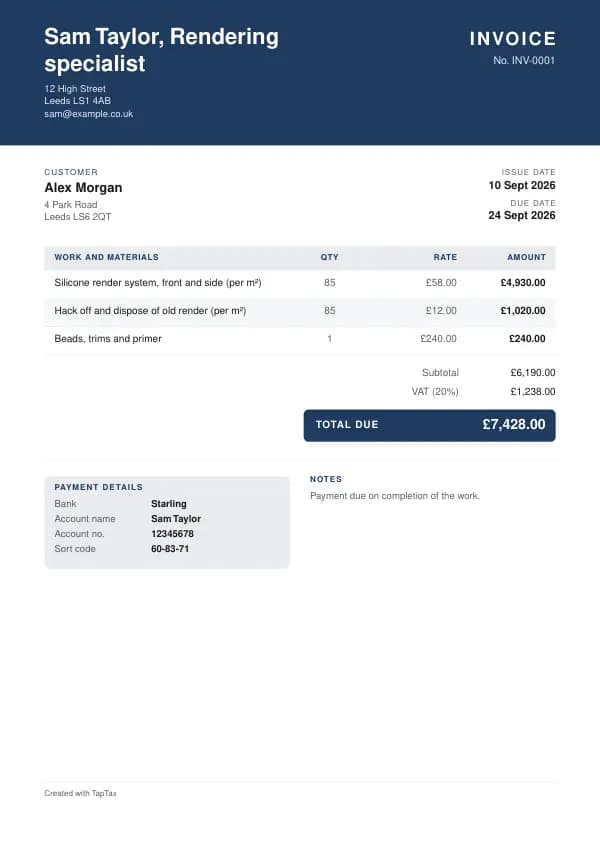 A filled-in example of the rendering specialist invoice template