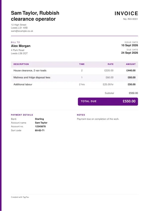 A filled-in example of the rubbish clearance operator invoice template