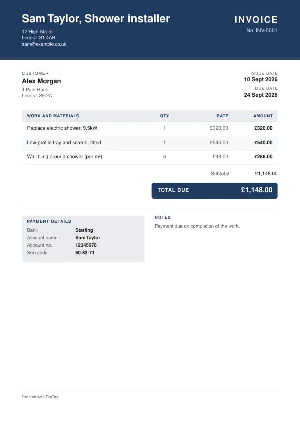 A filled-in example of the shower installer invoice template