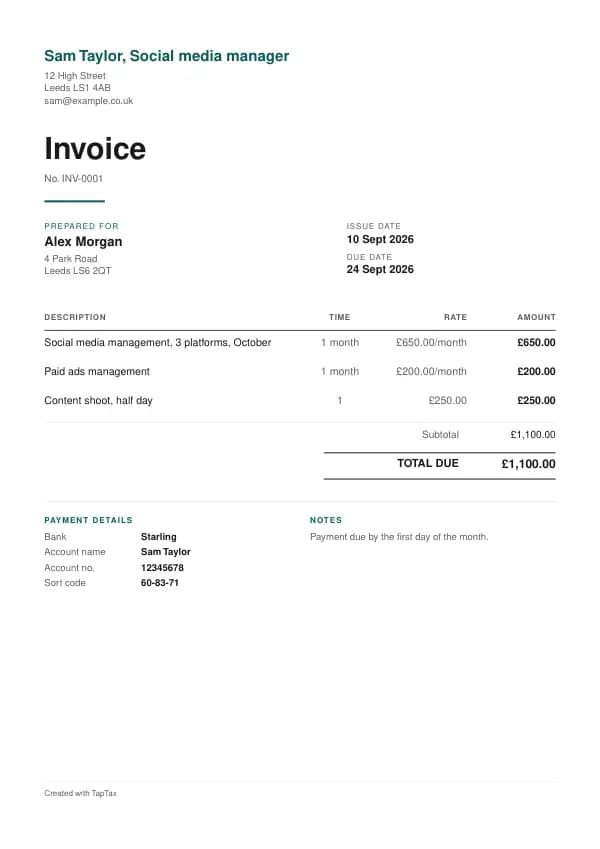 A filled-in example of the social media manager invoice template