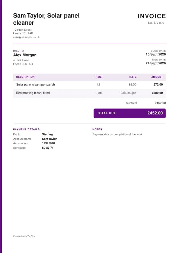 A filled-in example of the solar panel cleaner invoice template