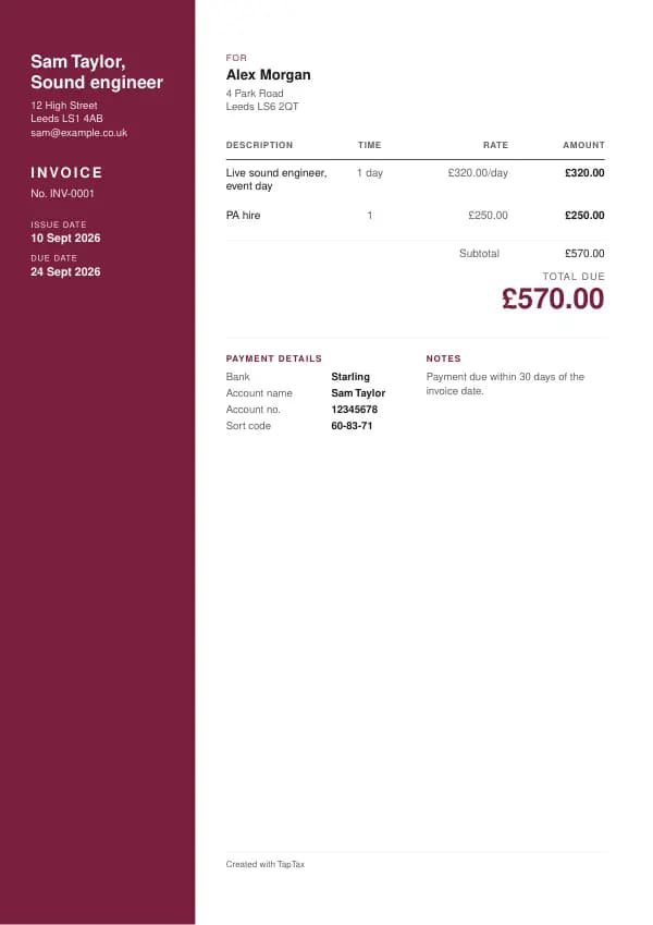 A filled-in example of the sound engineer invoice template