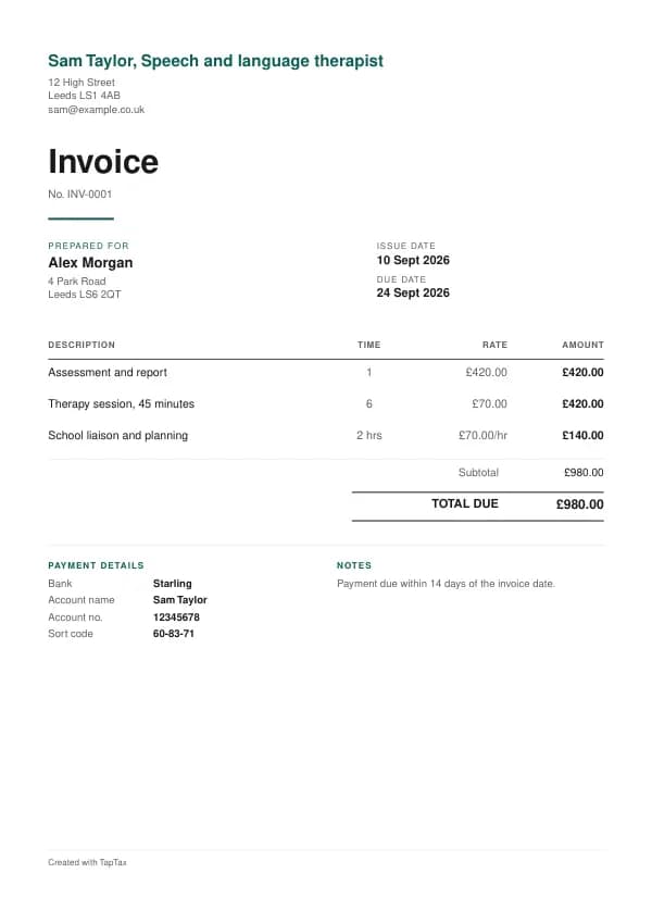 A filled-in example of the speech and language therapist invoice template