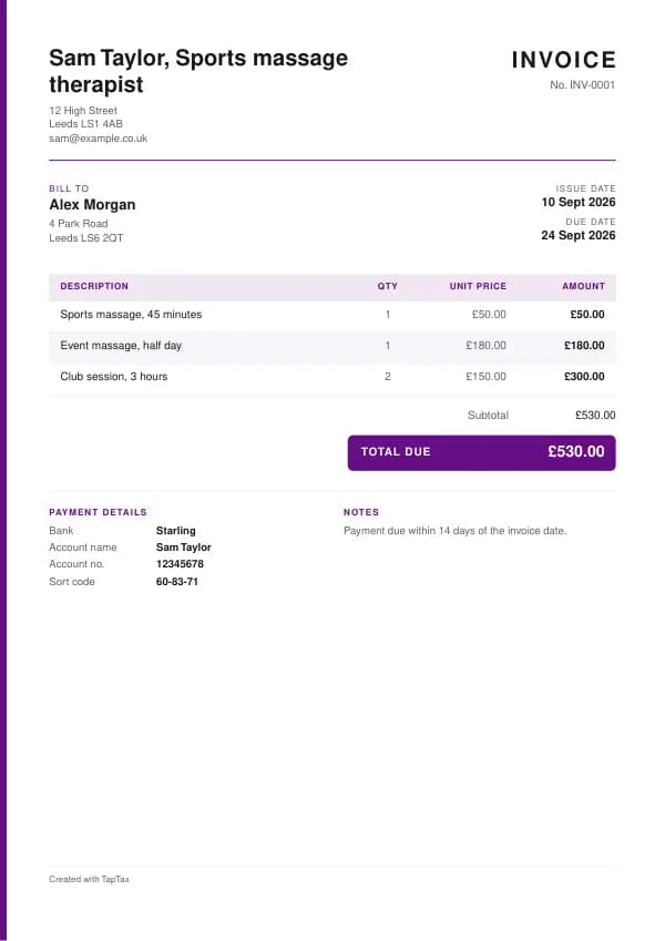 A filled-in example of the sports massage therapist invoice template