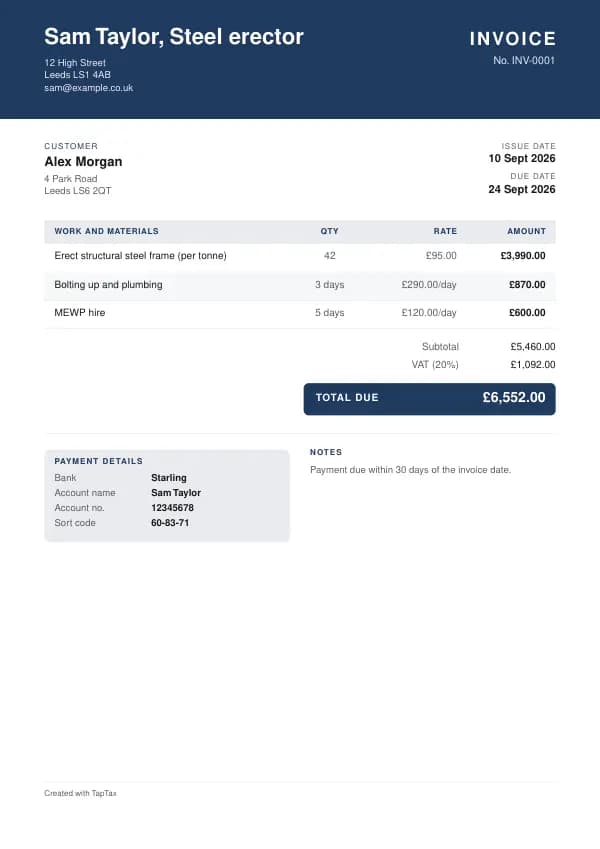A filled-in example of the steel erector invoice template