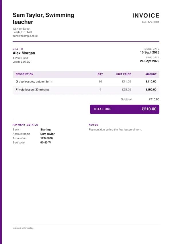 A filled-in example of the swimming teacher invoice template