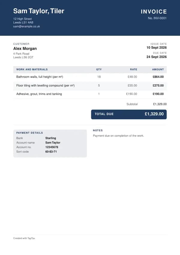 A filled-in example of the tiler invoice template