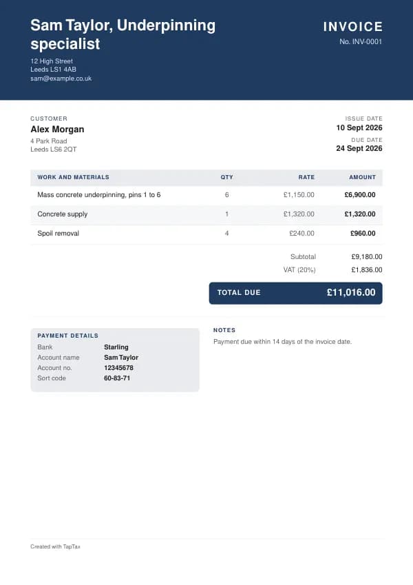 A filled-in example of the underpinning specialist invoice template