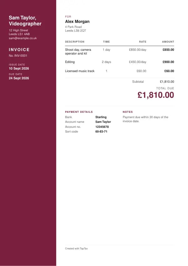 A filled-in example of the videographer invoice template