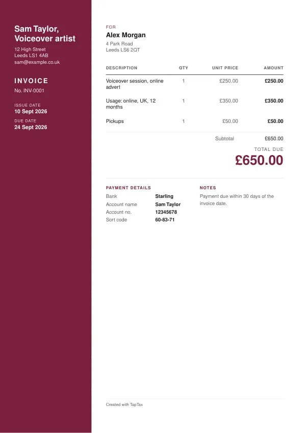 A filled-in example of the voiceover artist invoice template