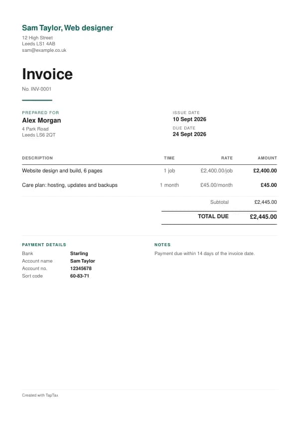 A filled-in example of the web designer invoice template