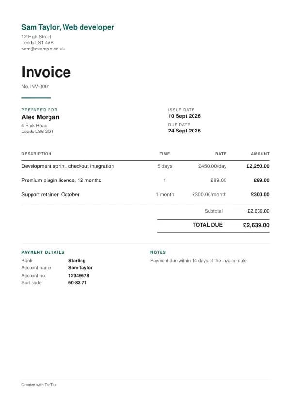 A filled-in example of the web developer invoice template
