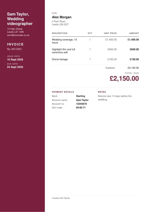 A filled-in example of the wedding videographer invoice template
