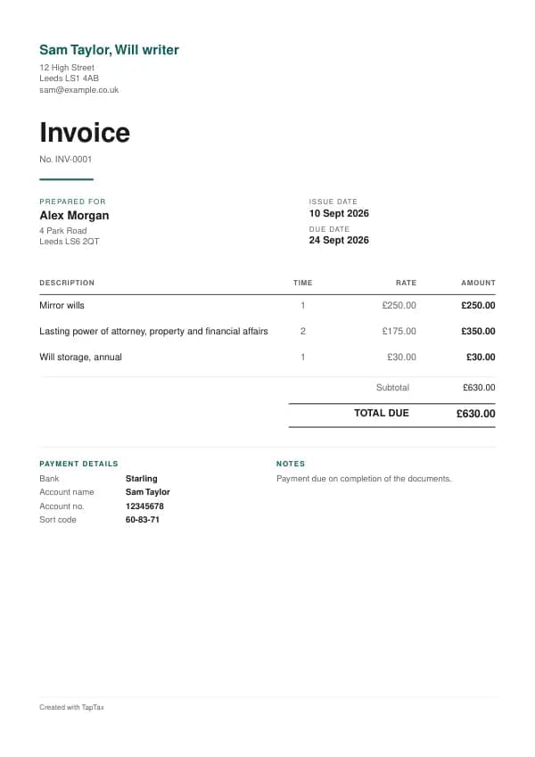 A filled-in example of the will writer invoice template
