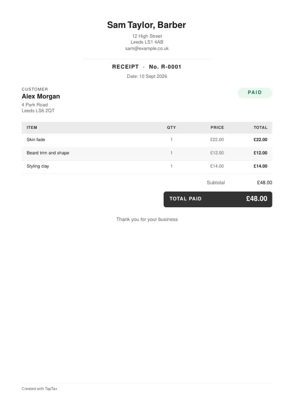A filled-in example of the barber receipt template