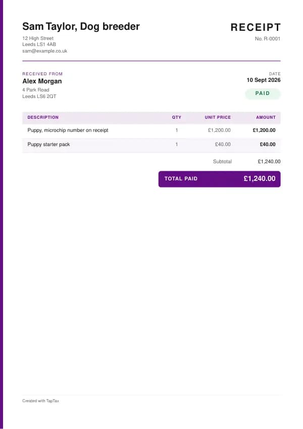 A filled-in example of the dog breeder receipt template
