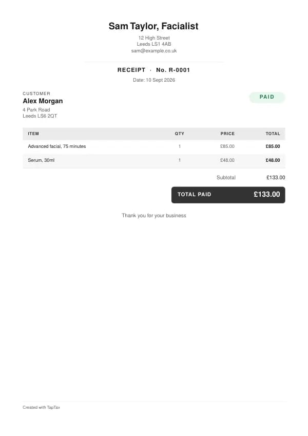 A filled-in example of the facialist receipt template