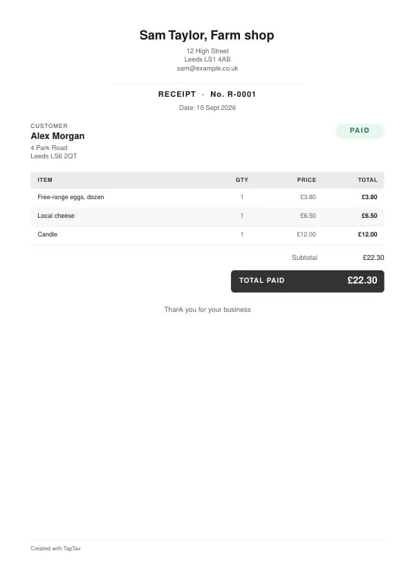 A filled-in example of the farm shop receipt template