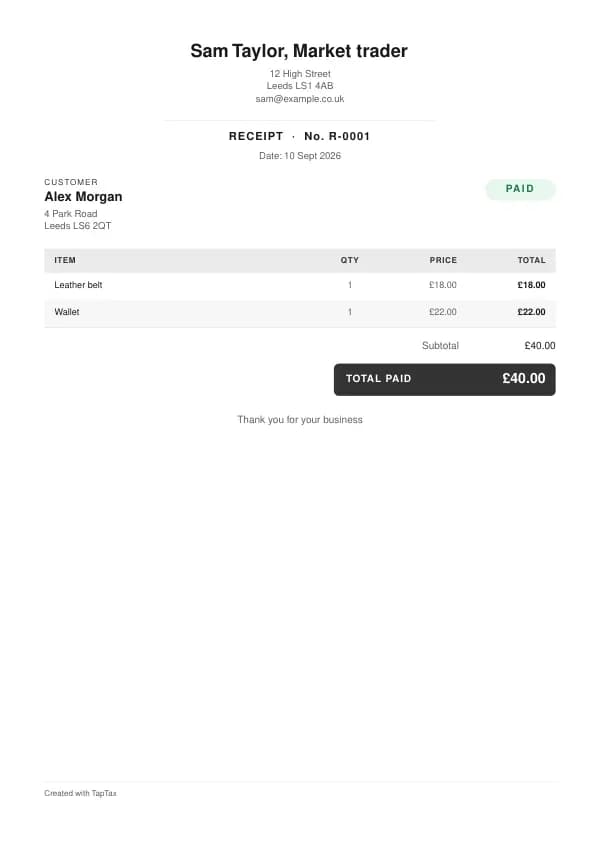 A filled-in example of the market trader receipt template
