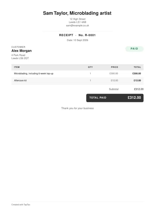 A filled-in example of the microblading artist receipt template