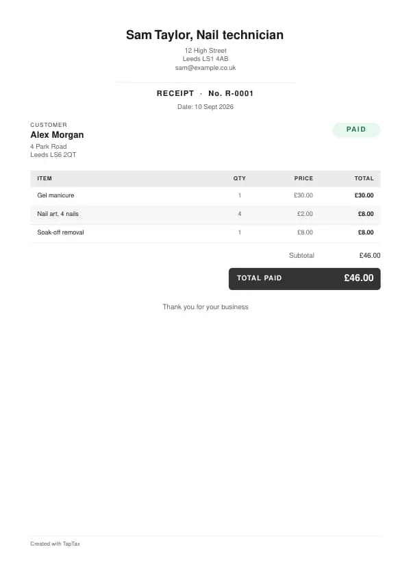 A filled-in example of the nail technician receipt template