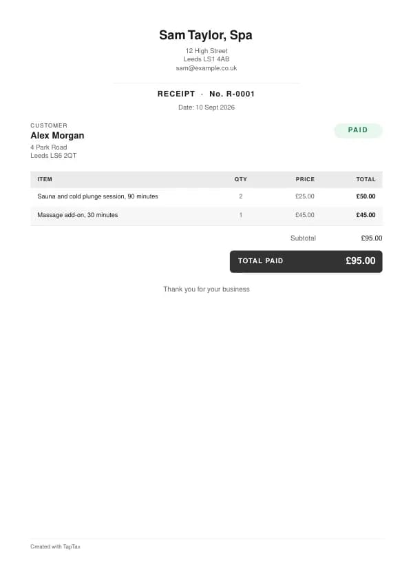 A filled-in example of the spa receipt template