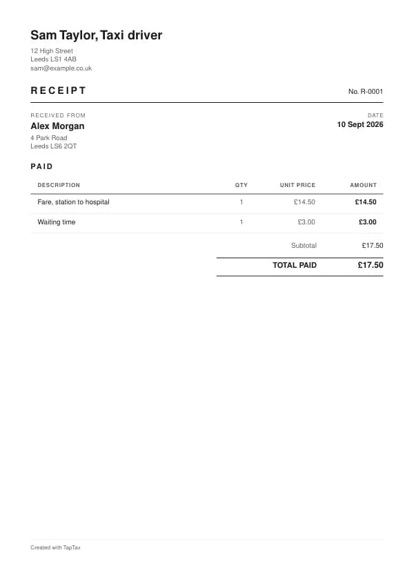 A filled-in example of the taxi driver receipt template