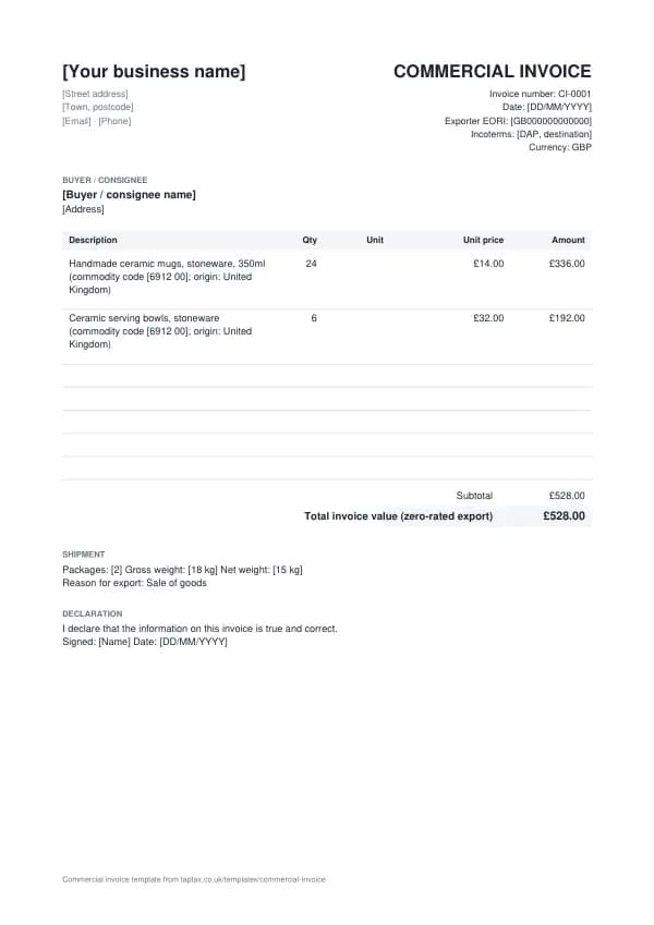 The commercial invoice template
