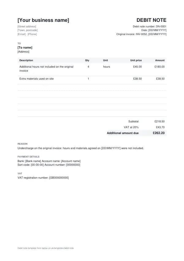 The debit note template