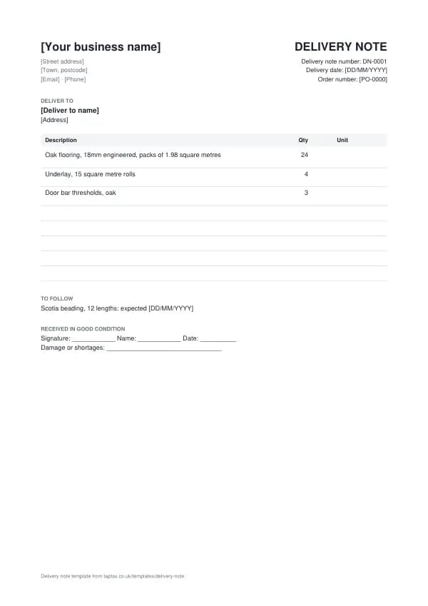The delivery note template