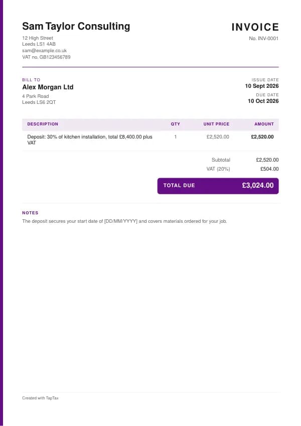 The deposit invoice template